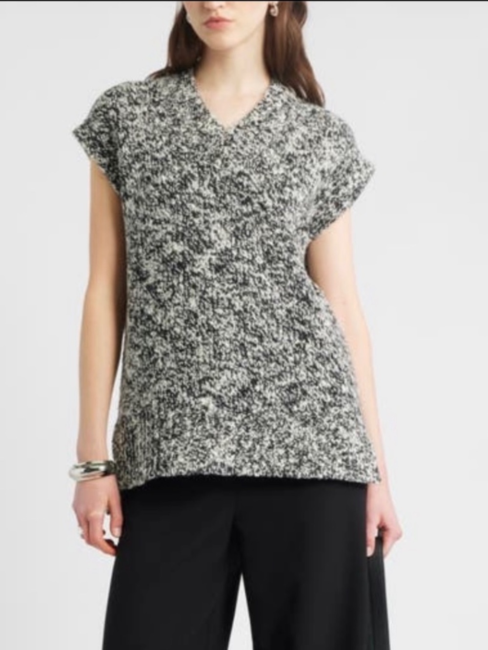 Nordstrom Merino Wool V-Neck Sweater Vest Black Ivory Marble SZ L